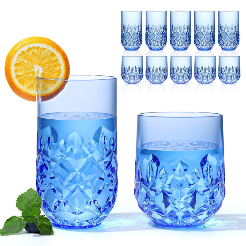 SKLENICE Acrylic Drinking Glasses Set of 12 Blue Mixed Drinks Glassware Unbreakable Palstic Tumbler and Rocks Glass Set 6pcs 18oz Highball and 6pcs 12 oz Cocktail Glasses for Cocktail Iced Coffee Beer Whiske - Image 2
