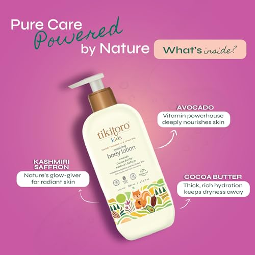 Tikitoro Kids Soothing Body Lotion | Pediatrician Approved | Moisturizes, Soothes & Nourishes Skin |100% Vegan with Avocado, Cocoa Butter, Kashmiri Saffron Extract |Daily Use (Age: 4+ Years) (300 x 1) - Image 4