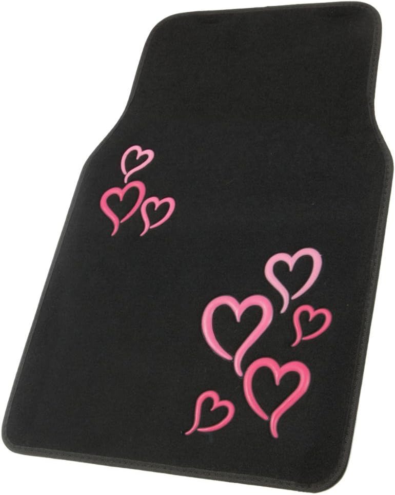 BDK MT-403-PK Design Carpet Car Floor Mats Set with Rubber Backing - Pink and Red Hearts - Image 2