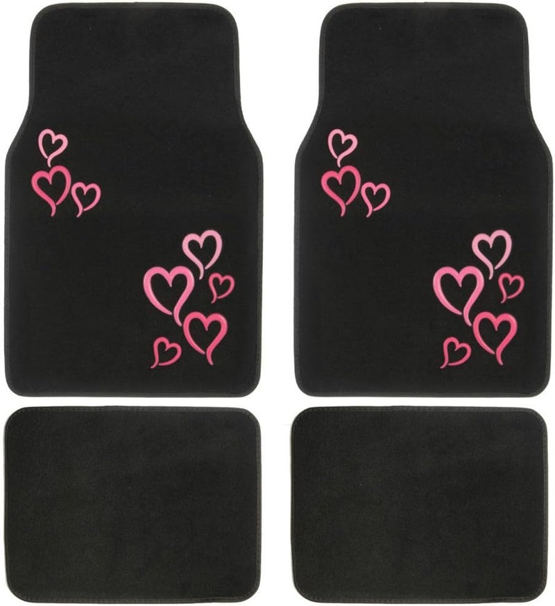 BDK MT-403-PK Design Carpet Car Floor Mats Set with Rubber Backing - Pink and Red Hearts - Image 1
