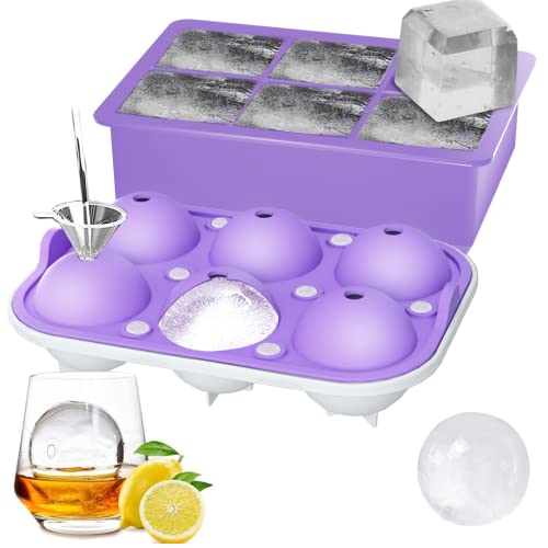 ROTTAY Ice Cube Trays (Set of 2), Sphere Ice Ball Maker with Lid & Large Square Ice Cube Maker for Whiskey, Cocktails and Homemade, Keep Drinks Chilled Purple - Image 1