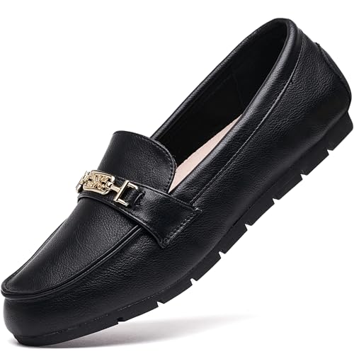 DeYashopin Women's Loafer Shoes Leisure Slip On Work Shoes Comfort Walking Flats Black Leather 11 - Image 1
