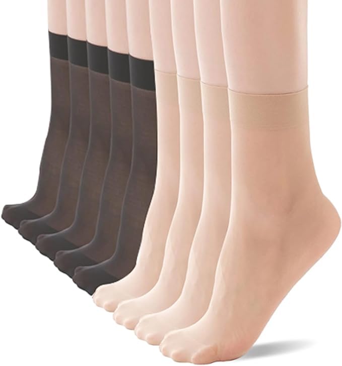 NEOBABY Ankle Length Socks/Stockings | Ultra-Thin Summer Skinny Transparent Nylon Socks for Women/Girl's (Pack of 10 Pairs, Skin & Black) - Image 1