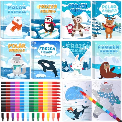 Funrous 24 Sets Winter Coloring Books with Crayons Bulk Winter Party Favors Pack Animals Polar Bear Penguin Coloring Pages for Toddlers Holiday Class Gifts Activity Supplies Goodies Bags Fillers - Image 1