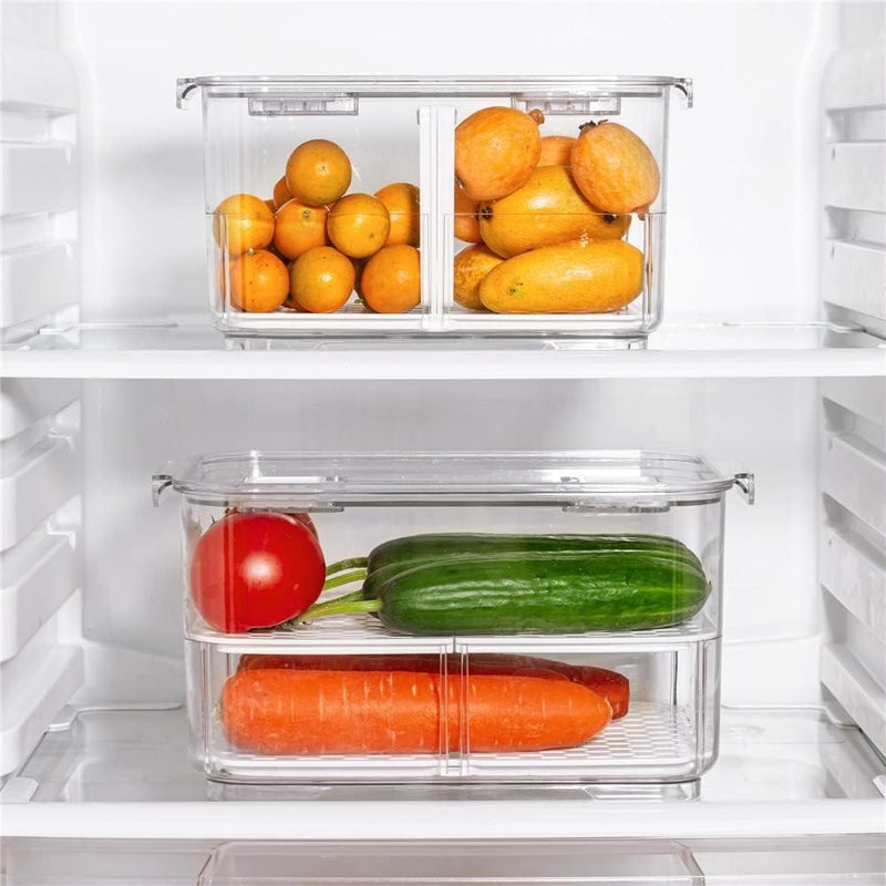 SANNO Vegetable Fruit Storage Containers, Food Storage Containers Fridge Produce Save, Stackable Refrigerator Organizer Keeper Drawers Bins Baskets with Lids and Removable Drain Tray - Image 2