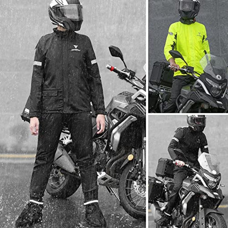 Motorcycle rain suit for outdoor use, polyester with reflective details, black, waterproof and breathable - Image 2