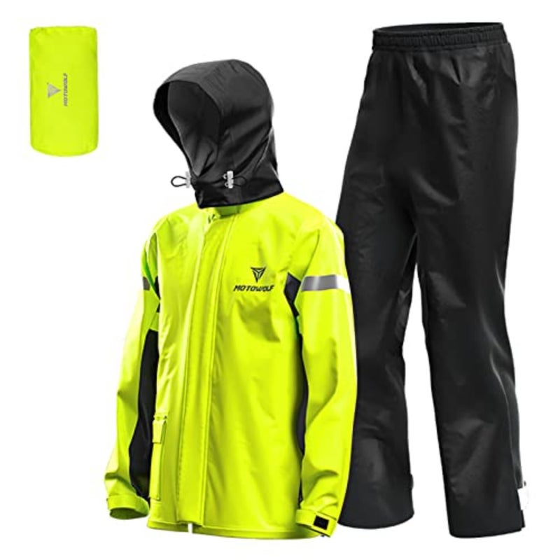 Motorcycle rain suit for outdoor use, polyester with reflective details, black, waterproof and breathable - Image 1