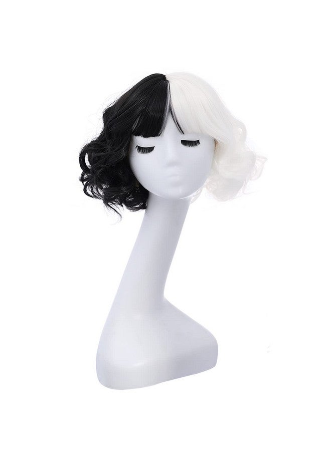 RightOn Black White Wig Two Tone Wig Short Curly Wig With Bangs Synthetic Wigs Black White Wig Split Wigs With Wig Cap - Image 3