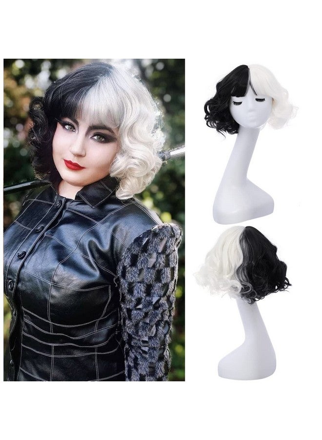 RightOn Black White Wig Two Tone Wig Short Curly Wig With Bangs Synthetic Wigs Black White Wig Split Wigs With Wig Cap - Image 1