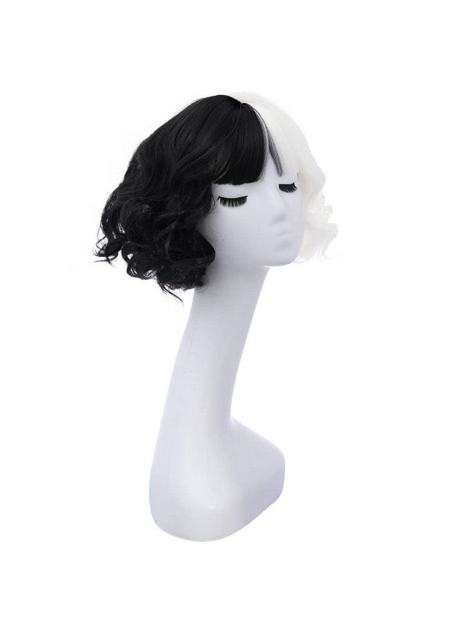 RightOn Black White Wig Two Tone Wig Short Curly Wig With Bangs Synthetic Wigs Black White Wig Split Wigs With Wig Cap - Image 4