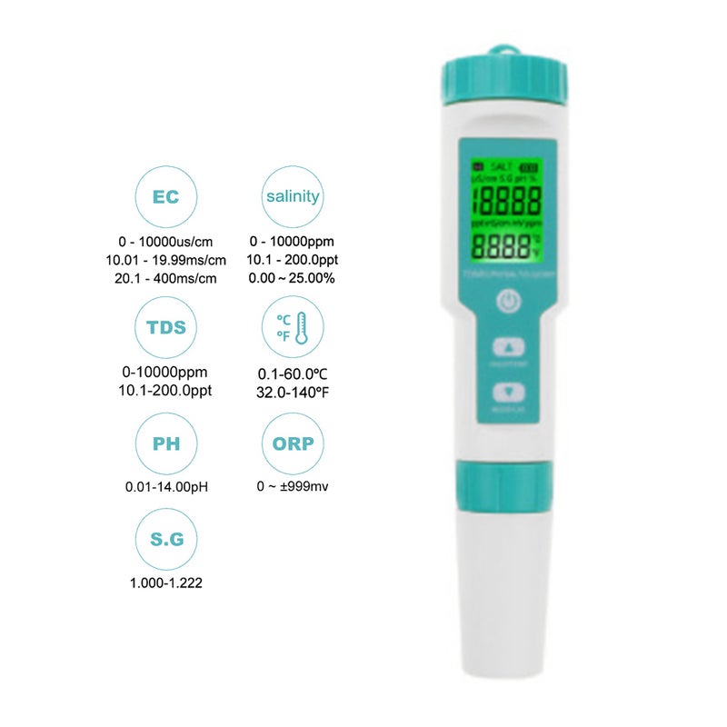 Handheld Portable Water Quality Tester 7 In 1 PH Total Dissolved Solids EC ORP Salinity S.G Temperature Testing IP67 Waterproof ℃/℉ Units Conversion Automatic Temperature Compensation - Image 4