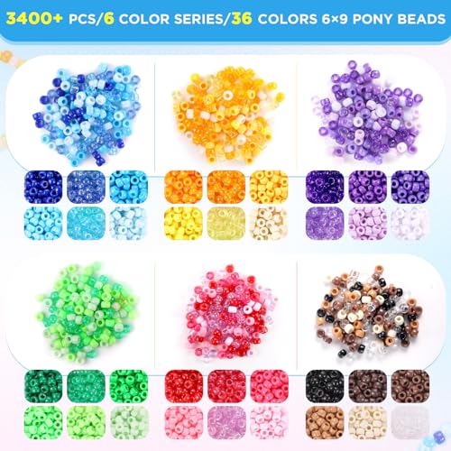 Funtopia Pony Beads Bulk, 3400pcs+ Kandi Beads for Bracelets, Funtopia 36 Colors Plastic Bead for Craft, Rainbow Hair Bead for Braids, for DIY Craft Projects and Jewelry Making (6x9mm) - Image 3