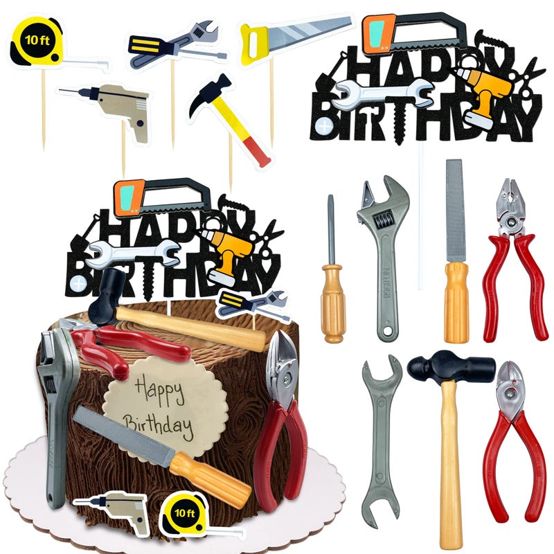 KDPATFAV 18PCS Tools Cake Topper Tools Cake Decorations Toolbox Wrench Hammer Mechanic Drill Plier Handsaw Tape Measure Screwdrivers Themed Happy Birthday Party Decor - Image 2