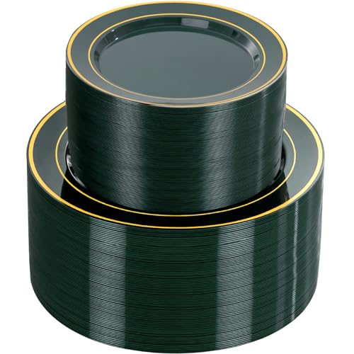 NOCCUR 200PCS Green Plastic Plates for 100 Guests - Include 100PCS 10" Dinner/ 100PCS 7" Dessert Disposable Plates Heavy Duty - Ideal for Party/Wedding - Image 1