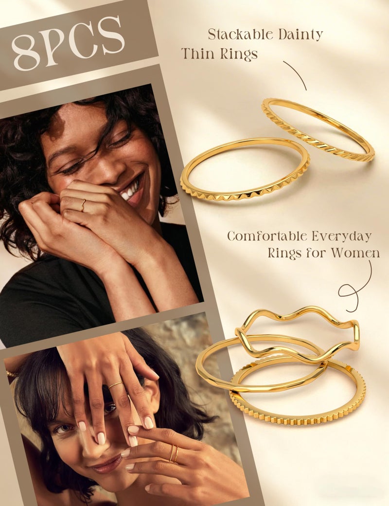 THUNARAZ 8Pcs 1mm Stainless Steel Rings for Women Men Fashion Plain Band Knuckle Stacking Midi Thumb Dainty Thin Rings Set Size 9 Gold Tone - Image 2