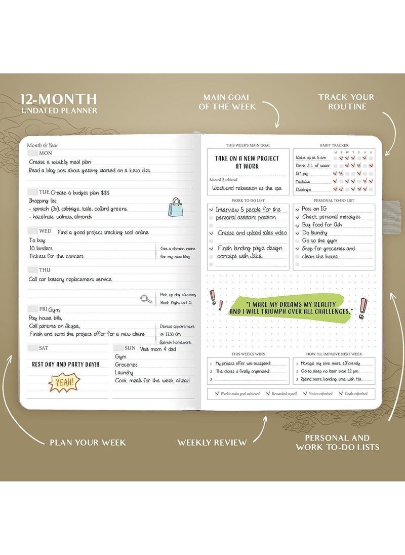 Swift Dairy Planner - Deluxe Weekly & Monthly Life Planner to Hit Your Goals & Live Happier. Organizer Notebook & Productivity Journal. A5 Hardcover, Undated - Start Any Time  - Image 3