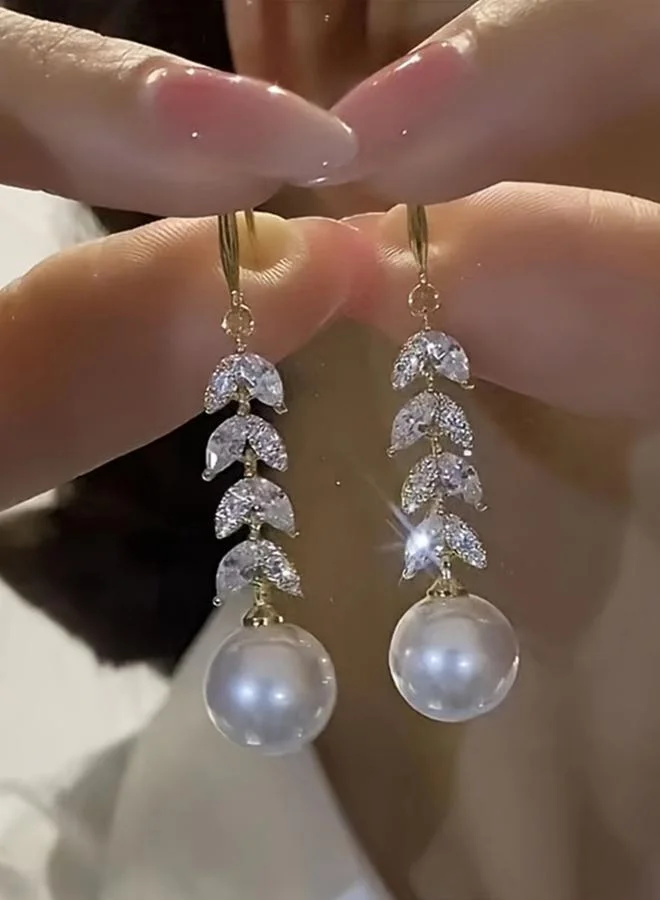 تايك تو أقراط ورقة شجر لؤلؤ وكريستال