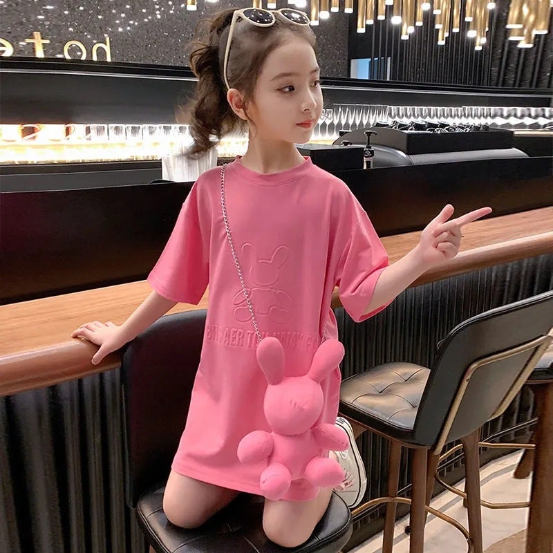 Girls Summer dress 2023 New Style Western Style Childrens Wear Childrens Short Sleeve Skirt Summer Girls Long T-Shirt Skirt Pink gift bear 