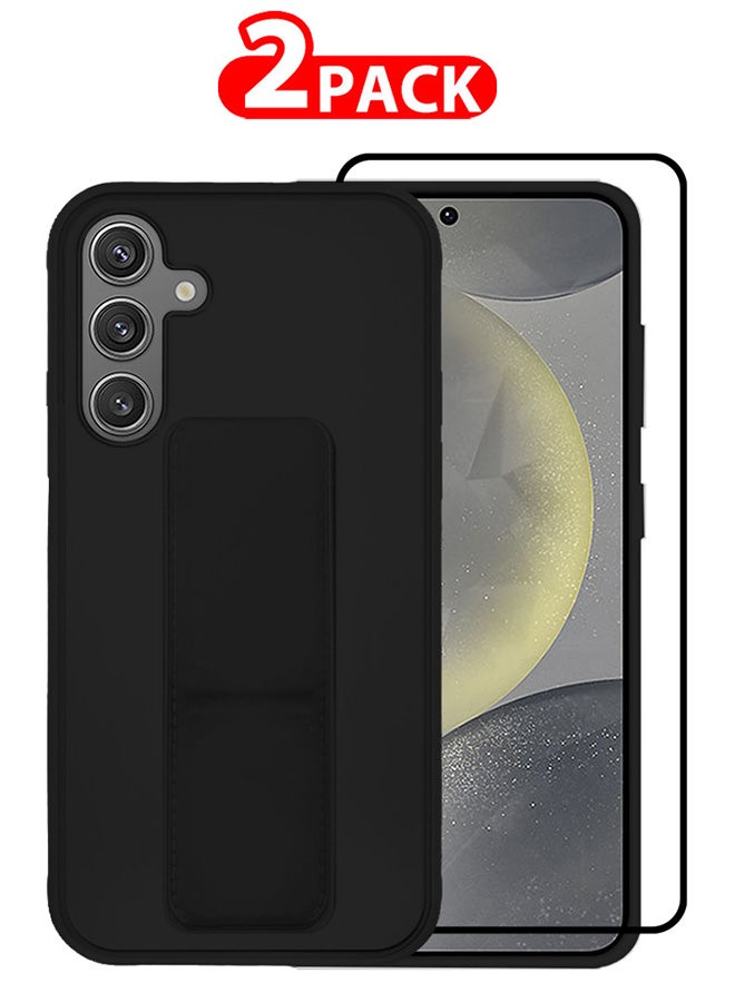 CATANES 2 Packs For Samsung Galaxy S24 Case and Screen Protector Magnetic Stand and Holder Premium Silicone Vertical and Horizontal Hand Strap Grip Multi Stand Cover Black  - Image 1