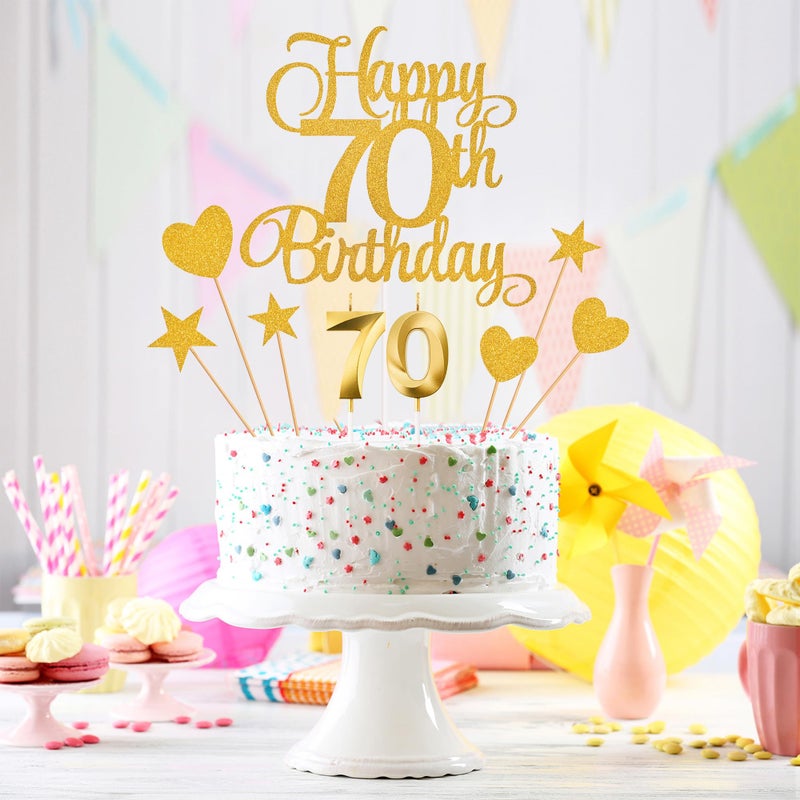 Lecferrarc 70th Birthday Cake Decorations, 70th Birthday Candles Cake Numeral Candles and Glitter Happy 70th Birthday Cake Toppers Set for Birthday Party Supplies (Gold) - Image 4