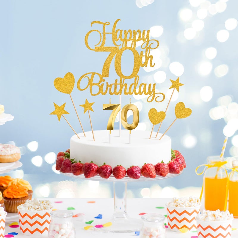 Lecferrarc 70th Birthday Cake Decorations, 70th Birthday Candles Cake Numeral Candles and Glitter Happy 70th Birthday Cake Toppers Set for Birthday Party Supplies (Gold) - Image 3