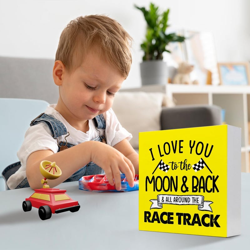 z-crange z-crange I Love You To The Moon And Back And All Around The Race Track Wood Box Sign Desk Decor Farmhouse Racing Checkered Flags Box Block Sign for Home Boys Room Shelf Table Decor Decorations Yellow - Image 5