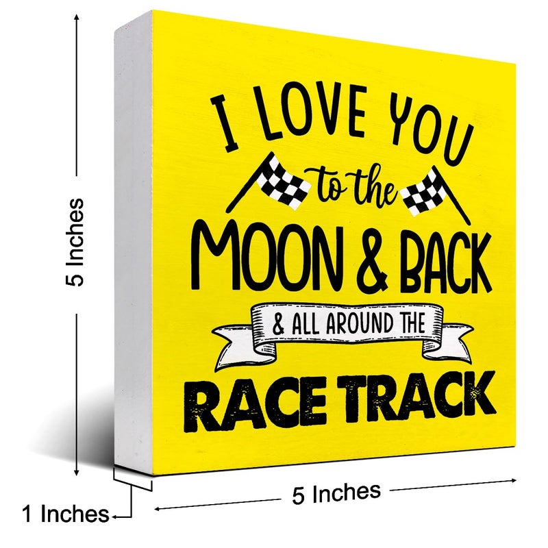 z-crange z-crange I Love You To The Moon And Back And All Around The Race Track Wood Box Sign Desk Decor Farmhouse Racing Checkered Flags Box Block Sign for Home Boys Room Shelf Table Decor Decorations Yellow - Image 2