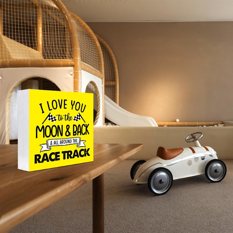 z-crange z-crange I Love You To The Moon And Back And All Around The Race Track Wood Box Sign Desk Decor Farmhouse Racing Checkered Flags Box Block Sign for Home Boys Room Shelf Table Decor Decorations Yellow - Image 4
