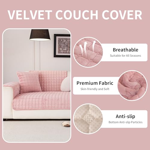 MDSASFD Velvet Couch Cover, Washable Sectional Sofa Cover, Anti Slip Sofa Slipcover for 3 Cushion Couch Sofa L Shaped Armrest Backrest, Furniture Protector Covers for Pets Kids(1PC, Pink, 28"×28") - Image 2