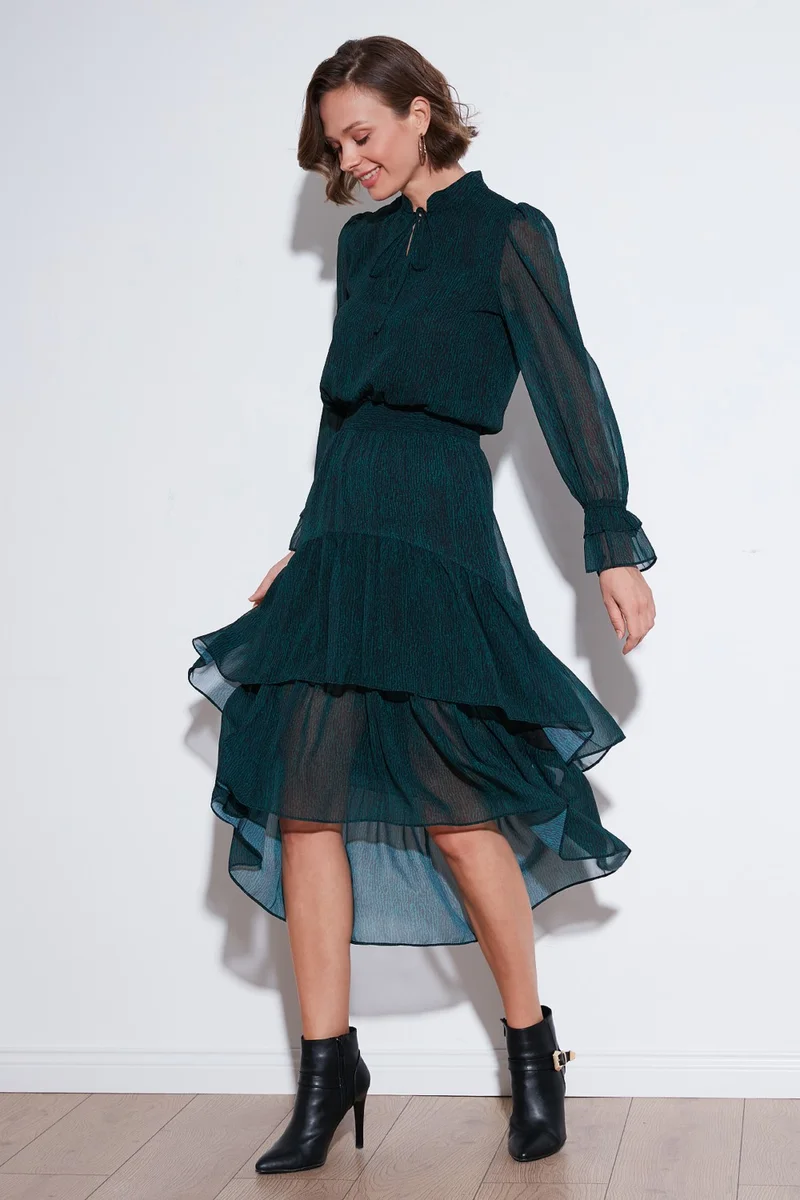 ليلا Regular Fit Halter Neck Flounce Chiffon Midi Dress Women's Dress 611EL1449