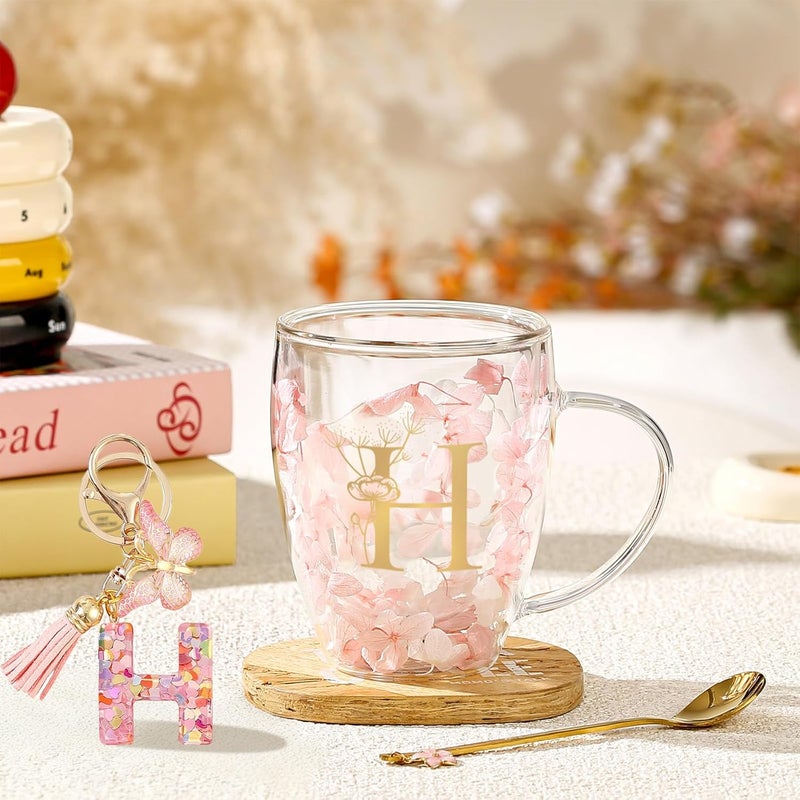 BigNoseDeer Gifts for Women Glass Coffee Mugs Unique Birthday Gift for Women Her Ladies Espresso Tea Cups Personalised Friendship Wedding Gifts Cute Double Walled Glass Mugs Pink Stuff Graduation Gift (Letter H) - Image 4