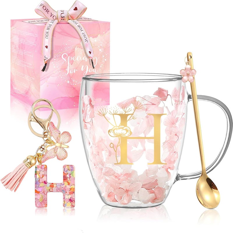 BigNoseDeer Gifts for Women Glass Coffee Mugs Unique Birthday Gift for Women Her Ladies Espresso Tea Cups Personalised Friendship Wedding Gifts Cute Double Walled Glass Mugs Pink Stuff Graduation Gift (Letter H) - Image 1