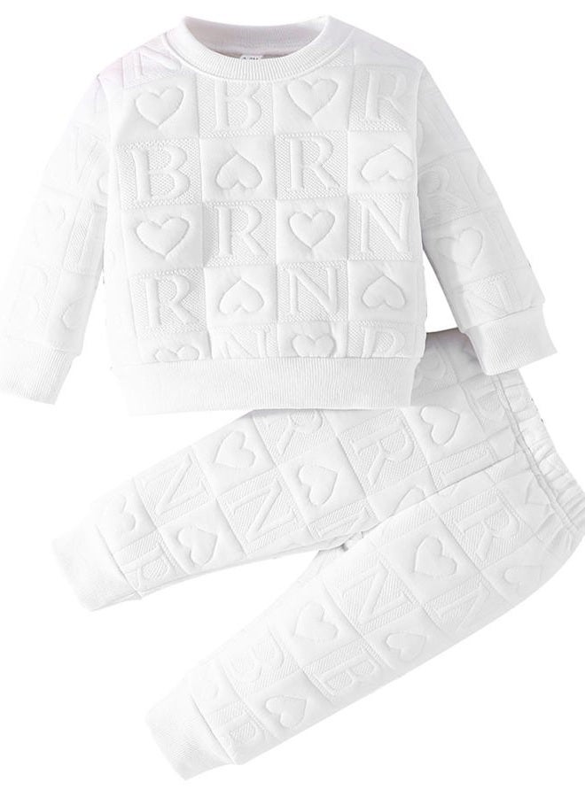 Jecson Baby Girl Clothes Set Fall Winter 3M-4T Toddler Quilted Outfits with Embossed Pullover and Pants Infant Girl Tracksuit, White, 12-18 Months - Image 1