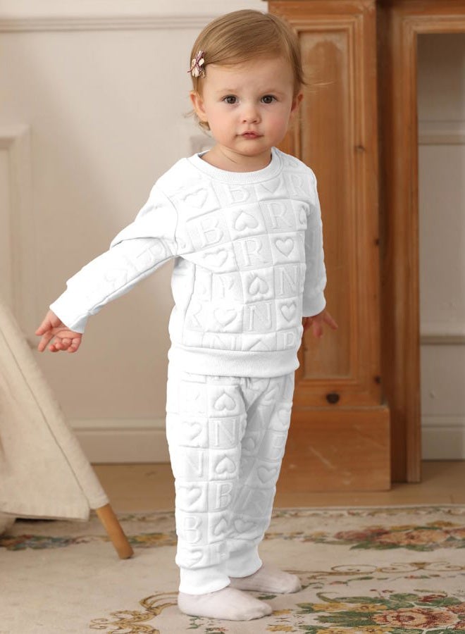 Jecson Baby Girl Clothes Set Fall Winter 3M-4T Toddler Quilted Outfits with Embossed Pullover and Pants Infant Girl Tracksuit, White, 12-18 Months - Image 2