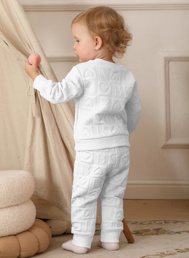 Jecson Baby Girl Clothes Set Fall Winter 3M-4T Toddler Quilted Outfits with Embossed Pullover and Pants Infant Girl Tracksuit, White, 12-18 Months - Image 4