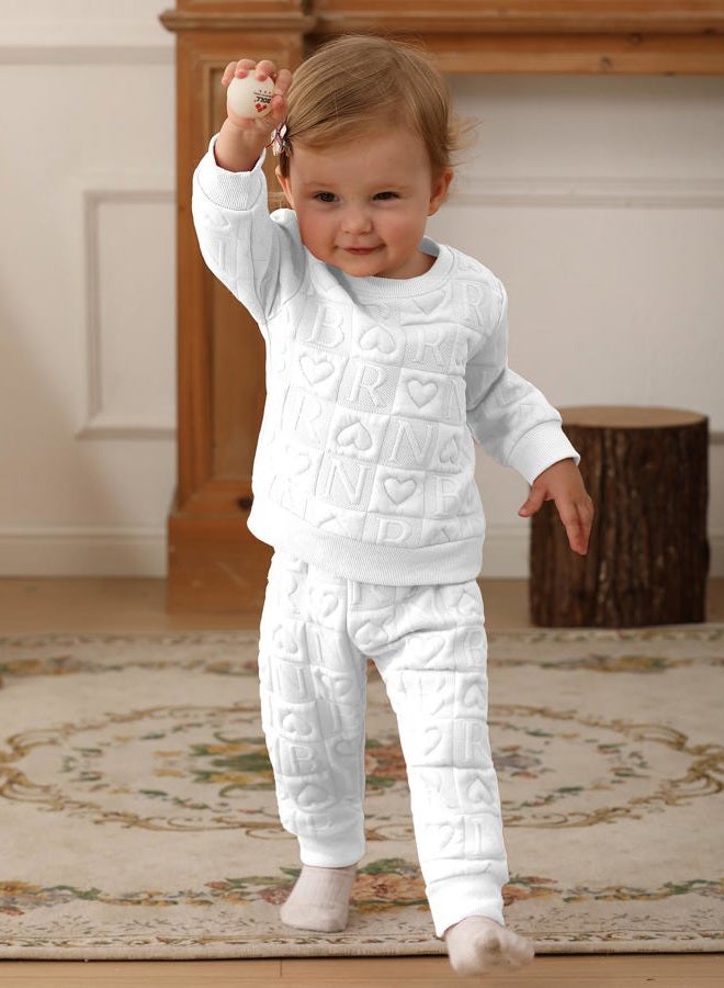 Jecson Baby Girl Clothes Set Fall Winter 3M-4T Toddler Quilted Outfits with Embossed Pullover and Pants Infant Girl Tracksuit, White, 12-18 Months - Image 3