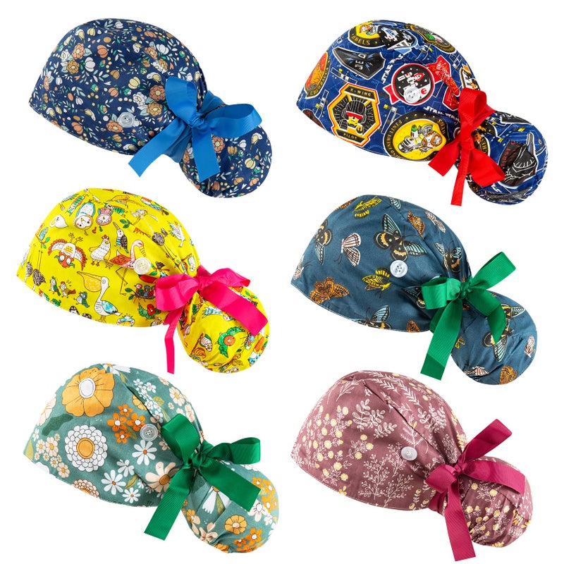 YEAJOIN Scrub Caps Women Bouffant Scrub Hats Caps Nurses Adjustable Working Cap Ponytail Pouch Tie Back Hats