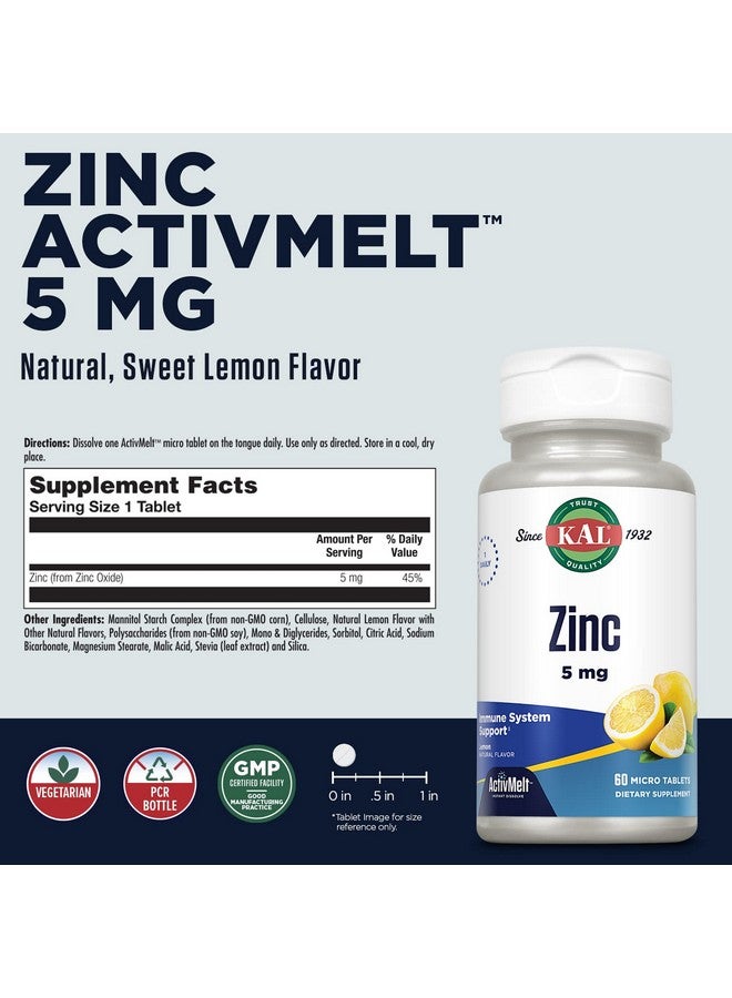 KAL Zinc 5mg ActivMelt, Immune Support Supplement with Zinc Oxide, Supports Protein Synthesis, Metabolism, Cell Growth, Immune Health, Vegetarian, Natural Lemon Flavor, 60-Day Guarantee, 60 Micro Tabs - Image 2