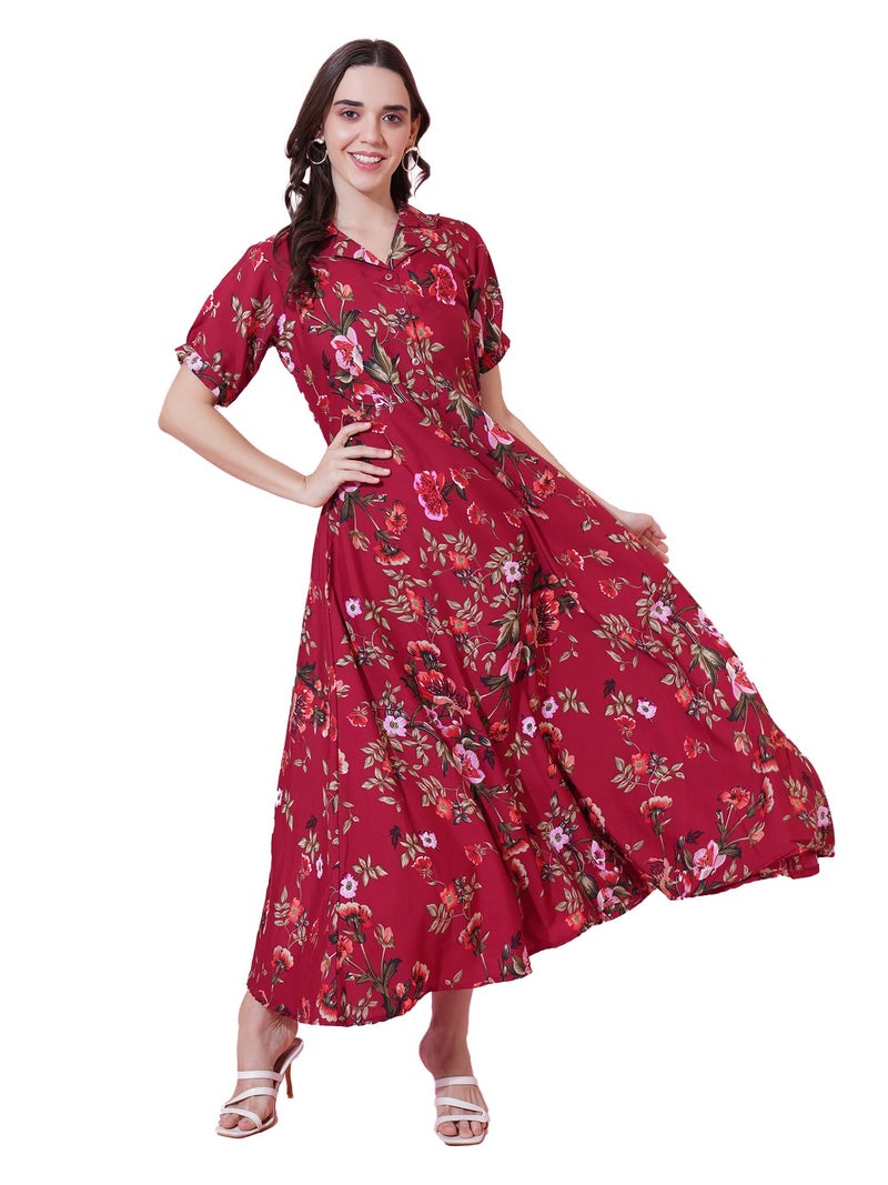 Indietoga Women's Printed Long Maxi Dress (10001249_Maroon Floral_M) - Image 1