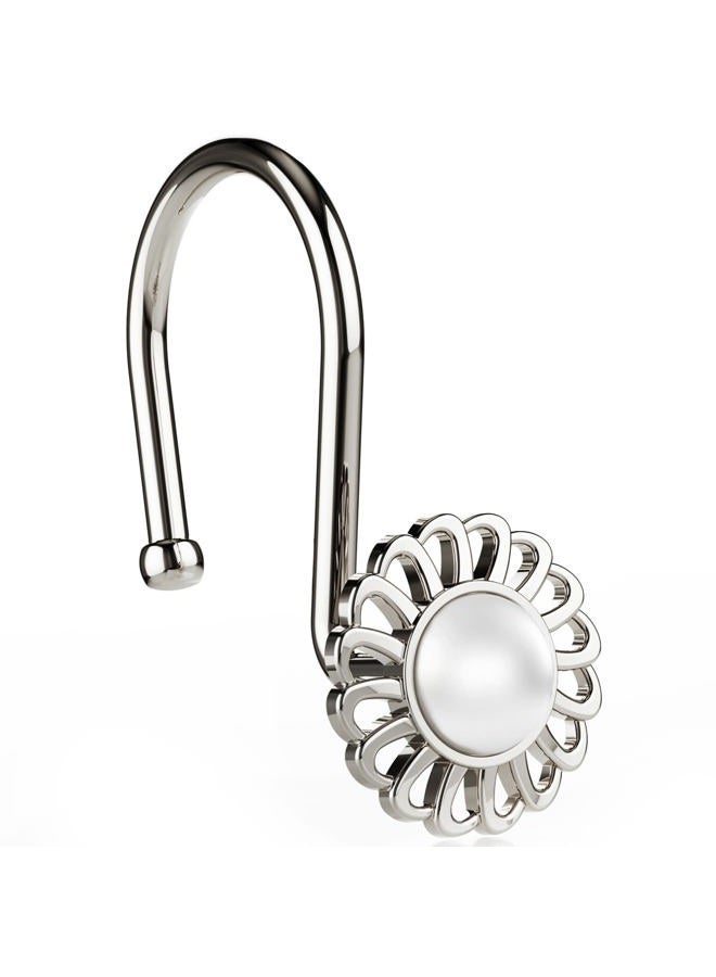 iToplin Nickel Shower Curtain Hooks Rings, Decorative Shower Curtain Hangers, Heavy Duty Metal Shower Rings, Sunflower Shower Hooks for Shower Curtain Rod and Liner, Bathroom Curtain Hooks, Set of 12 - Image 1