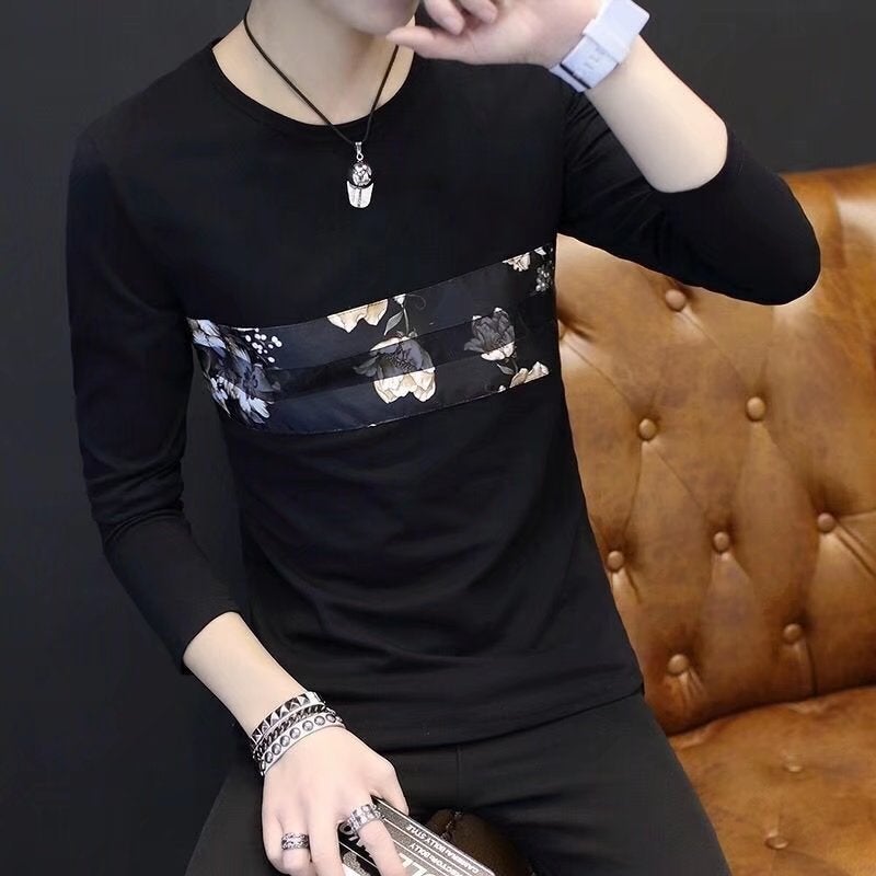 Long-Sleeved T-Shirt Men'S New Couple Printed Top Casual Solid Color Trendy Brand Korean Slim-Fit Inner Base Shirt - Image 2