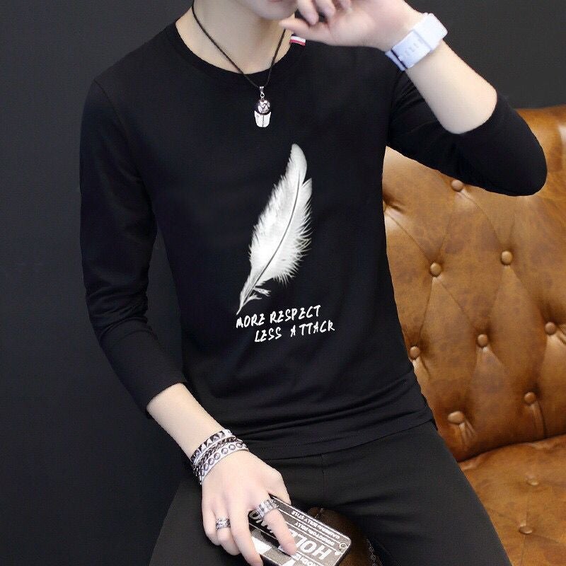 Long-Sleeved T-Shirt Men'S New Couple Printed Top Casual Solid Color Trendy Brand Korean Slim-Fit Inner Base Shirt - Image 4