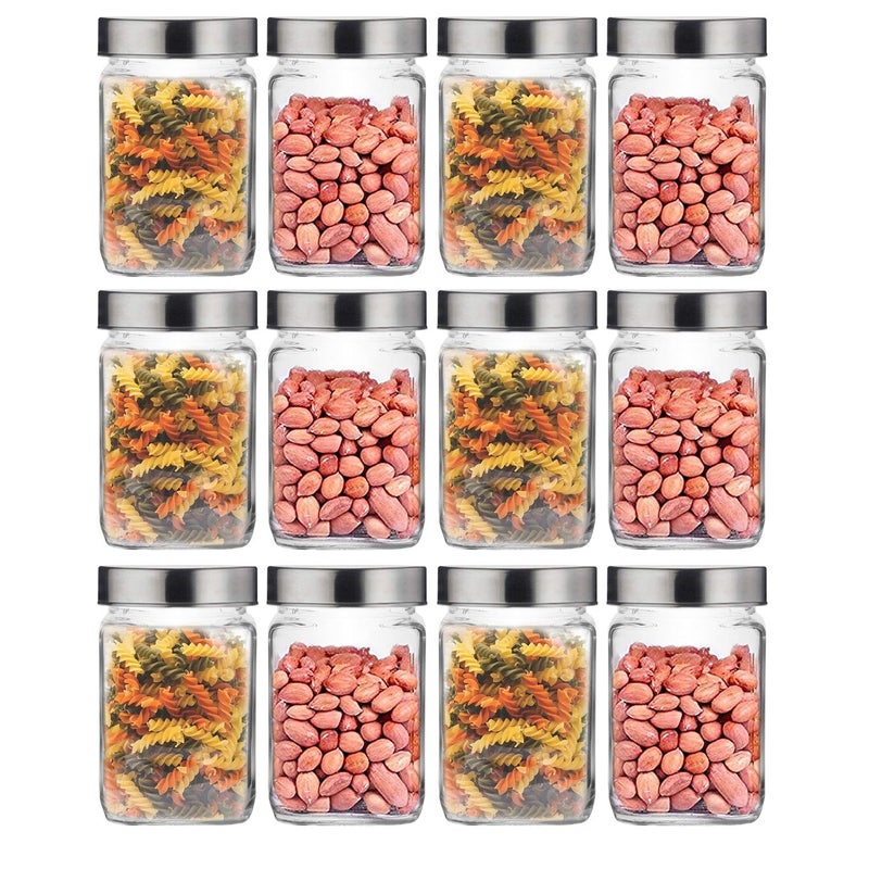 CROCO JAR Croco Silver Stainless Steel Transparent Clear Lid Square Cube Glass Jars And Container For Kitchen Spice Dried Herbs Jars Set 800 Ml Pack Of 12 - Image 1