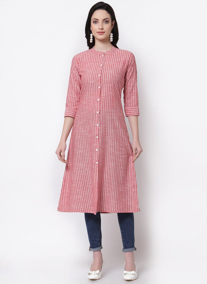 LARGISH Red and White Striped Cotton Longline Button Shrug with Three-Quarter Sleeves - Image 1