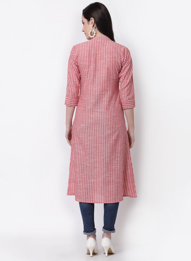 LARGISH Red and White Striped Cotton Longline Button Shrug with Three-Quarter Sleeves - Image 4