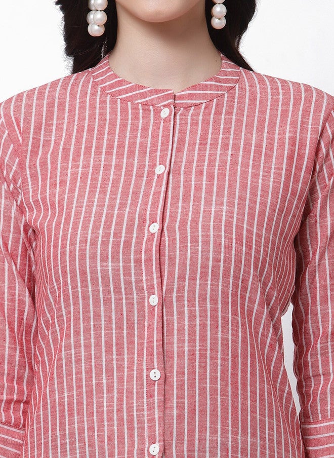 LARGISH Red and White Striped Cotton Longline Button Shrug with Three-Quarter Sleeves - Image 2