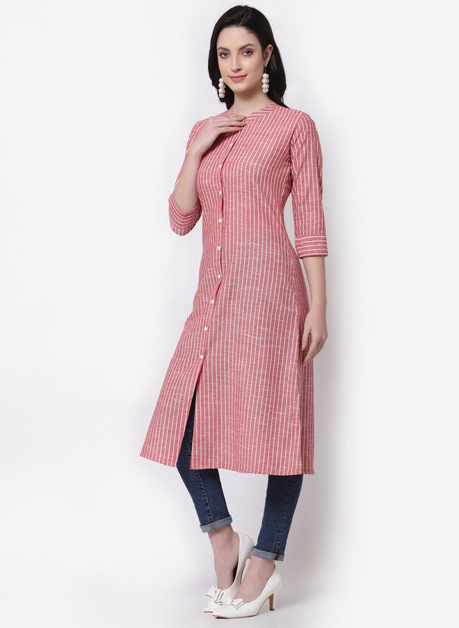 LARGISH Red and White Striped Cotton Longline Button Shrug with Three-Quarter Sleeves - Image 3