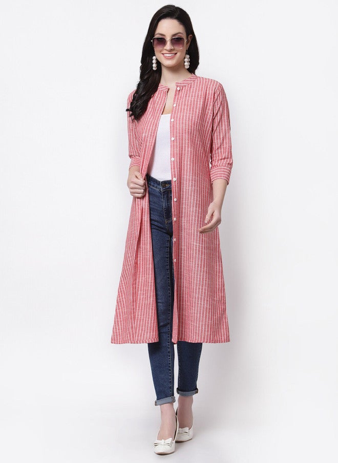 LARGISH Red and White Striped Cotton Longline Button Shrug with Three-Quarter Sleeves - Image 5