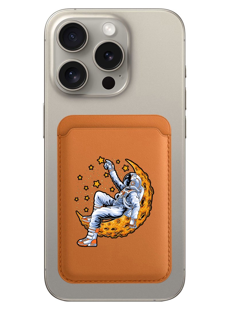 Theodor Magnetic Wallet, Compatible with MagSafe Wallet, for iPhone Wallet, for iPhone 16/15/14/13/12 Series, Not for iPhone 13/12 mini, 3 Card Holder, Vegan Leather, Brown - Astronaut lying on moon - Image 1