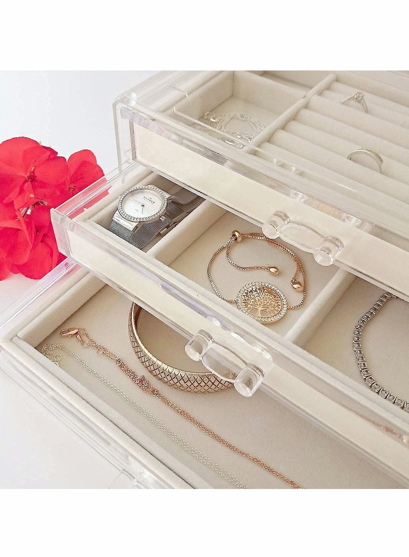 Elegant Velvet Jewelry Box for Women - 3 Drawer Organizer for Earrings, Bracelets, Necklaces & Rings in Clear Acrylic Case - Image 3